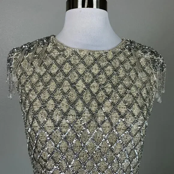 Mac Duggal Crystal Fringed Sequined Column Gown Silver and Gold Size 6 Dress - Picture 8 of 12